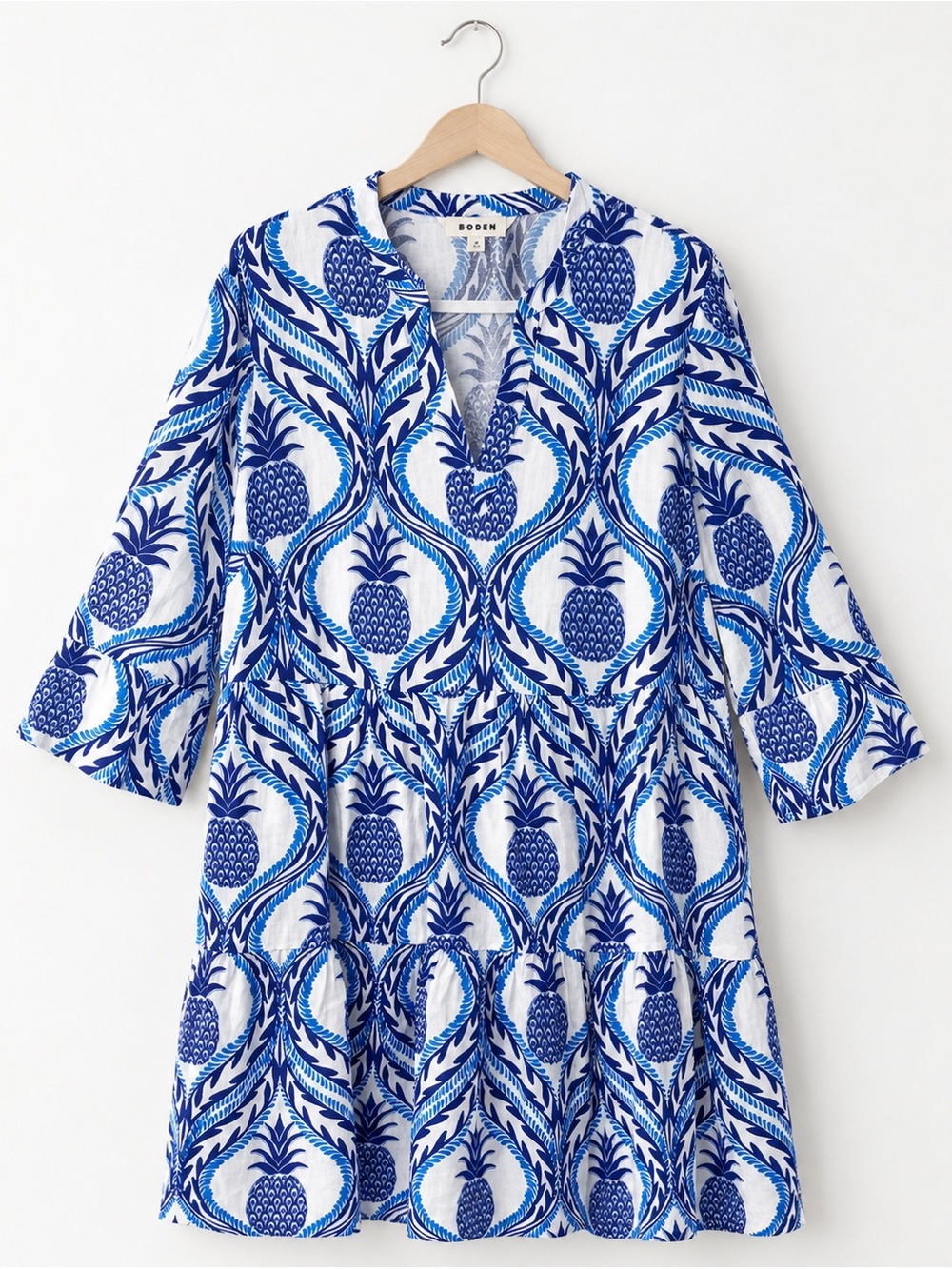 Boden Sophia Linen Short Blue & White Pineapple Dress Women’s 16-18 Coastal